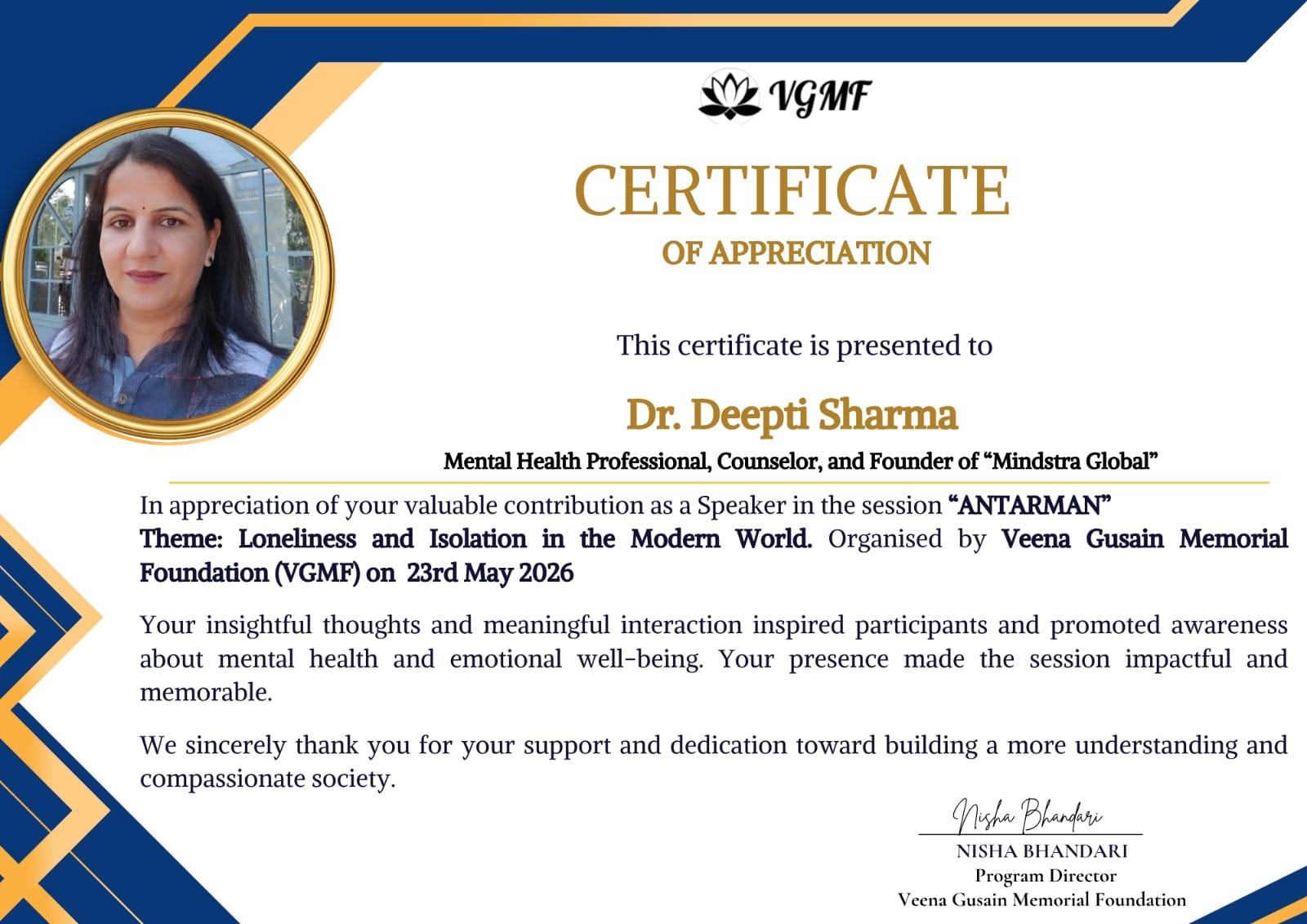 Certificate of appreciation from Veena Gusain Memorial Foundation