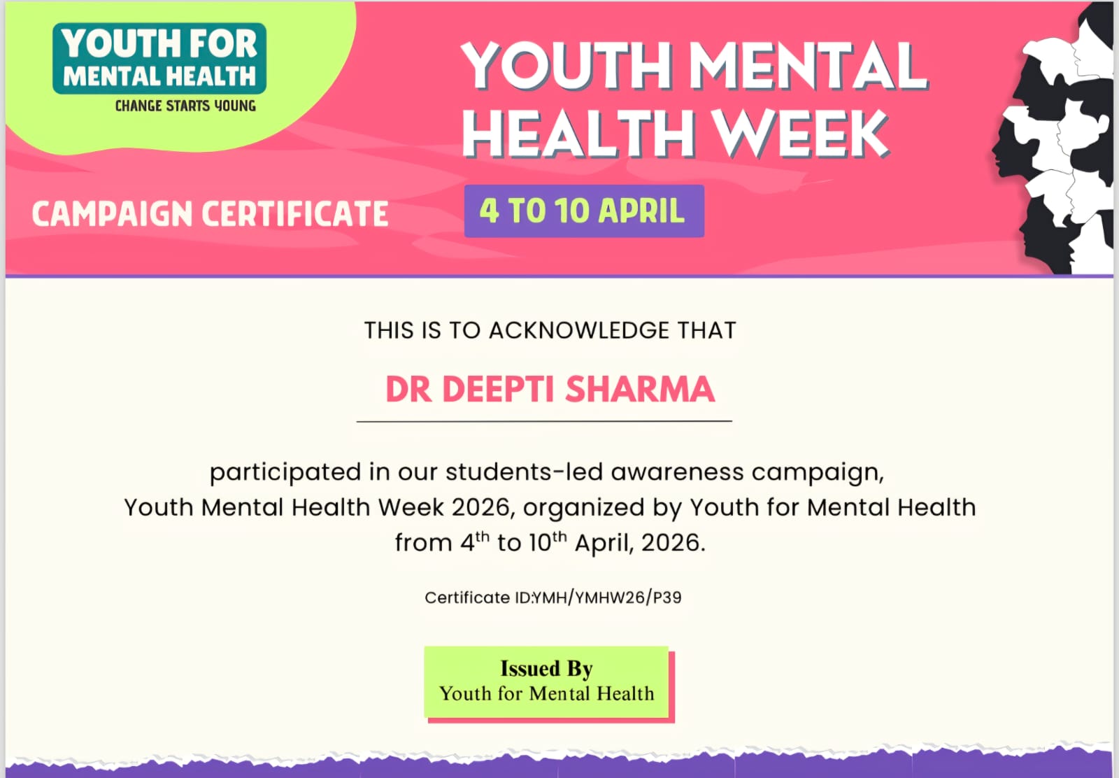 Youth Mental Health Week campaign certificate