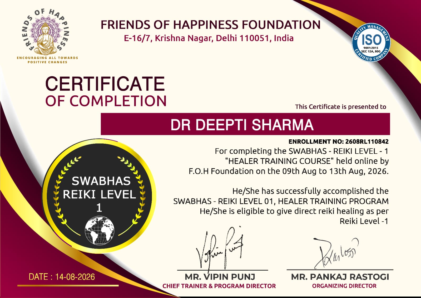 Friends of Happiness Foundation certificate of completion